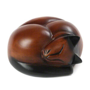 Sleeping Cat Wooden Urn - Black And Brown